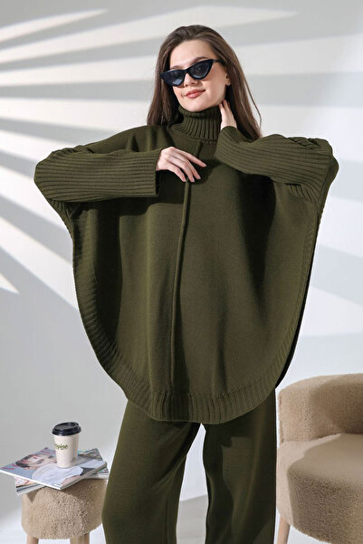 bacc Khaki High Neck Loose Fit Sweater and Fitted Pants Top and Bottom Knitwear Set Bces-252033
