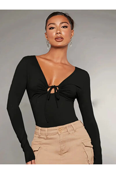 Marin Star Μαύρη μπλούζα με μακρύ μανίκι με λαιμόκοψη σε σχήμα V, μαύρη μπλούζα με μακρύ μανίκι με κορδόνια μπροστά