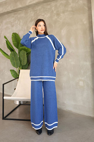 bacc Women's blue striped crew neck tunic and wide leg knit bottom set bces-252030