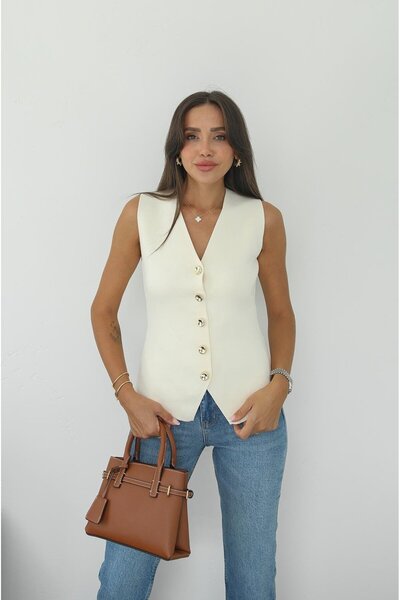 Havoş Ecru Five Button Steel Knitted Vest