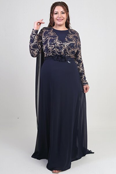 By Saygı Kadın Kruvaze Yaka Görünümlü Pullu Astarlı Şifon Uzun B.B. Elbise