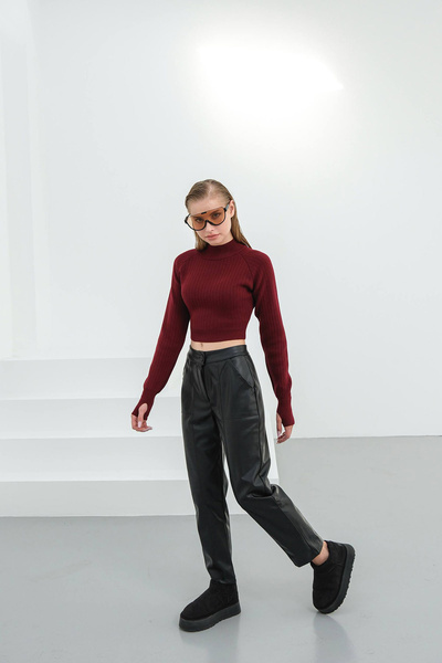 bacc Black Double Pocket Faux Leather Pants with Front Stitching Detail Bchn-25265098