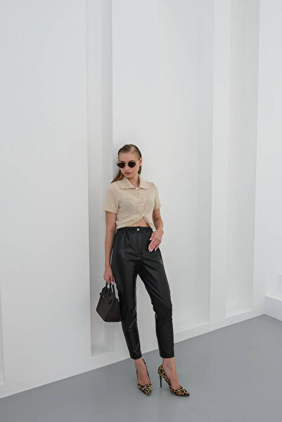 bacc Women's black elastic waist faux leather pants bchn-25w26637