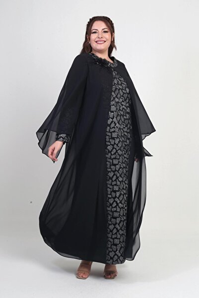 By Saygı Women's Top with Chiffon Cape, Sequin Stone Detail, Geometric Pattern, Lycra B.B. Long Dress
