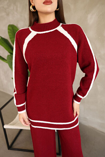 bacc Women's burgundy striped crew neck tunic and wide leg knit bottom set bces-252030