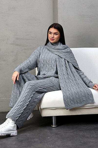 bacc Women's grey knitted motif sweater cardigan and pants 3-piece knitwear set bces-252031