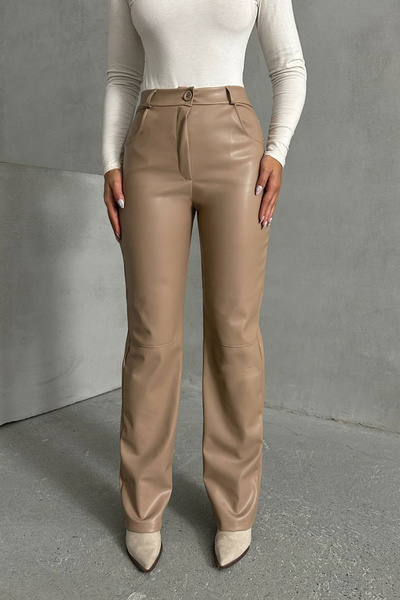bacc Women's beige double pocketed fit cut faux leather pants bchn-25267542