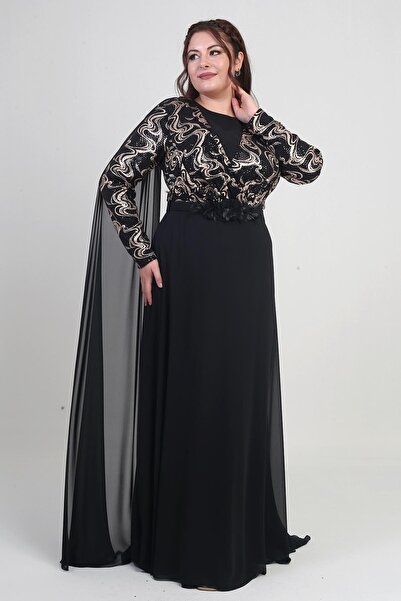 By Saygı Kadın Kruvaze Yaka Görünümlü Pullu Astarlı Şifon Uzun B.B. Elbise