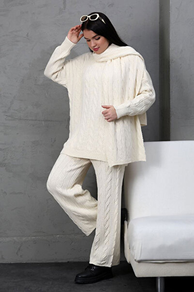 bacc Ecru Knitted Motif Sweater Cardigan and Trousers 3-Piece Knitwear Set Bces-252031