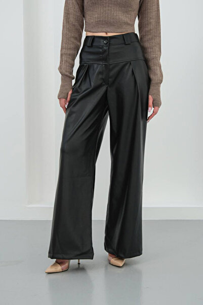 bacc Kadın Siyah Geniş Paça Suni Deri Pantolon BCHN-25263644