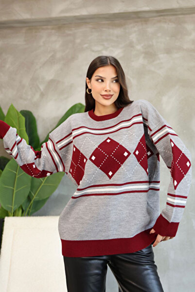 bacc Women's Burgundy Crew Neck Patterned Knitwear Sweater