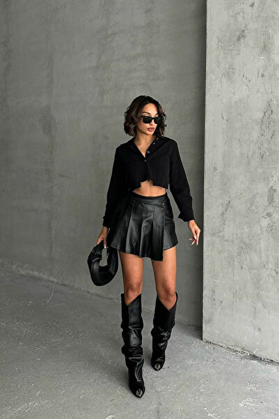 bacc Fusta scurtă plisată cu tăietură asimetrică neagră pentru femei BCHN-25260071