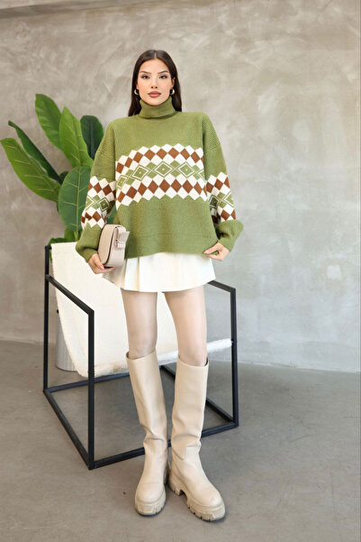 bacc Green Turtleneck Patterned Knitwear Sweater