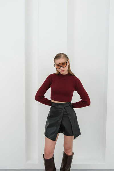 bacc Black Slit Detailed Faux Leather Shorts Skirt Bchn-25W260049