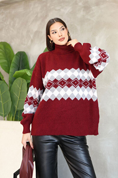 bacc سترة نسائية مزخرفة بنمط بوردو برقبة عالية من التريكو BCES-252010