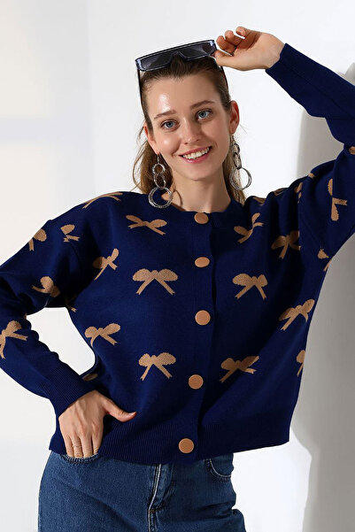 bacc Cardigan tricotat cu nasturi și model de fundă bleumarin pentru femei BC...