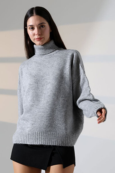 bacc Pulover gri pentru femei, cu guler înalt, tricotat, texturat, moale, BCE...