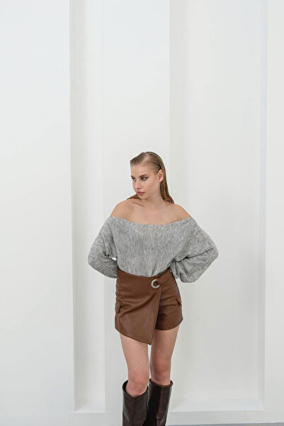 bacc Fustă scurtă cu clapă și cataramă maro pentru femei BCHN-25W260107