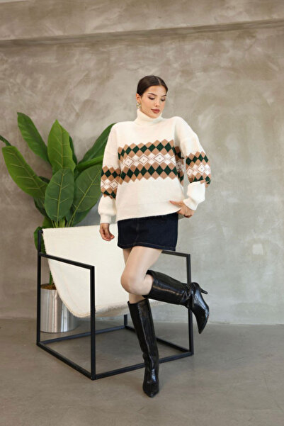 bacc Μπεζ Πλεκτό Πουλόβερ με ψηλό λαιμό Με σχέδιο