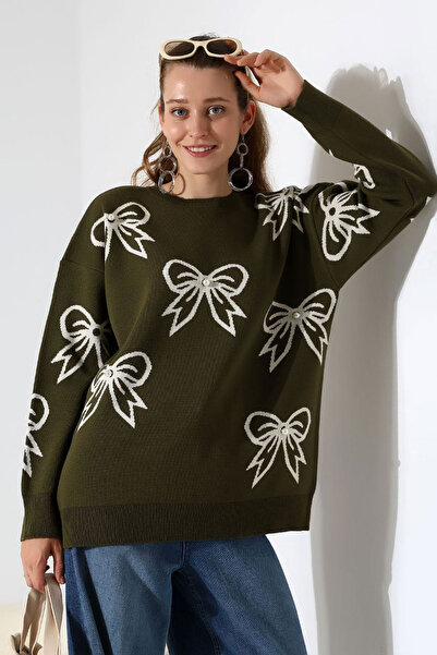 bacc Women's khaki bow patterned knit sweater bces-252045