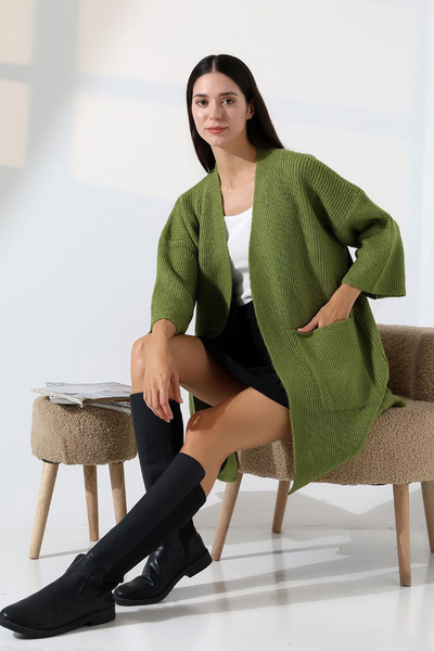 bacc Kadın Zeytin Yeşili Çift Cepli Yarım Kol Uzun Boy Triko Hırka BCES-252019