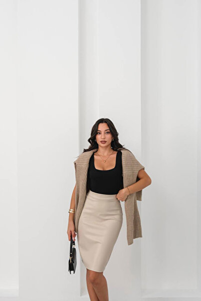 bacc Fustă creion midi bej pentru femei din piele ecologică BCHN-2526780