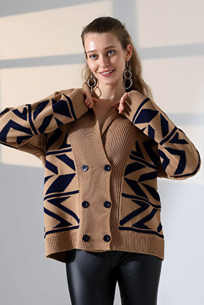 bacc Cardigan tricotat cu model detaliat și nasturi dubli pentru femei, model biscuit, BCES-252021