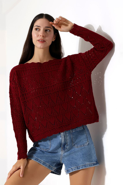 bacc Pulover tricotat cu motiv din dantelă și guler rotund, culoare vișinie, ...