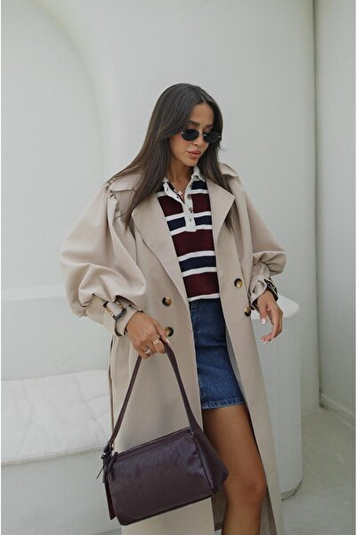 Havoş Stone color balloon sleeve belted trench coat