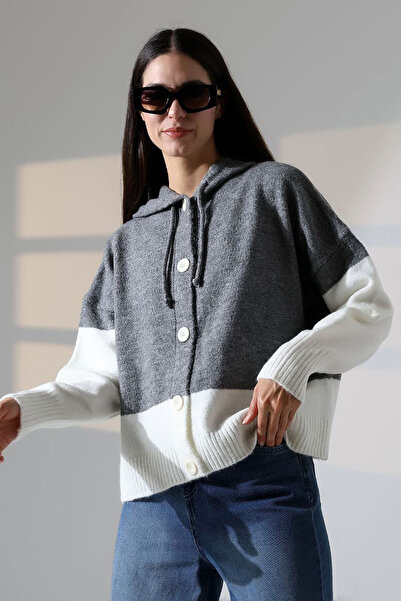 bacc Women's Grey Color Block Hooded Buttoned Knitwear Cardigan Bces-252017
