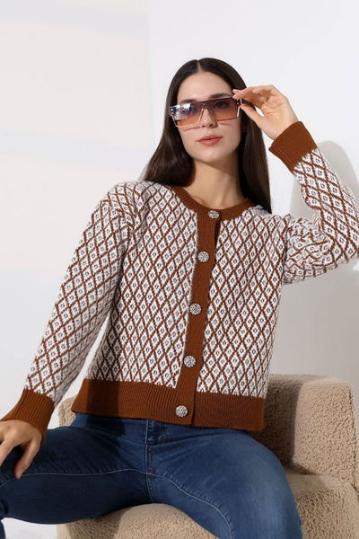 bacc Women's Cinnamon Brown Square Line Patterned Buttoned Knitwear Cardigan