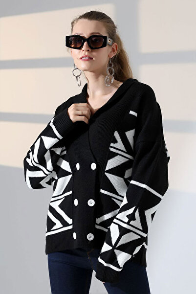 bacc Cardigan tricotat negru pentru femei cu model detaliat și nasturi dubli BCES-252021