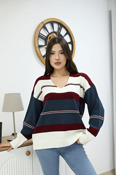 bacc سترة نسائية محبوكة مخططة برقبة على شكل حرف V من Indigo BCES-252018