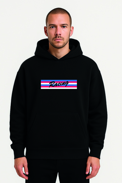 Advantage Hanorac negru oversize cu glugă cu model Racıng Flag