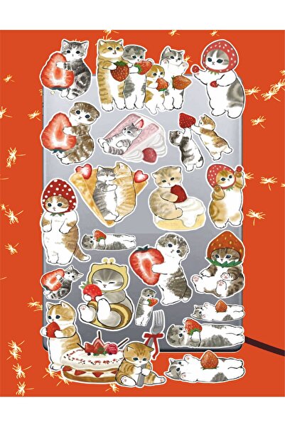 Hediyeni Al Strawberry Cat Sticker Seti | Laptop Ajanda Notebook Tablet Telef...