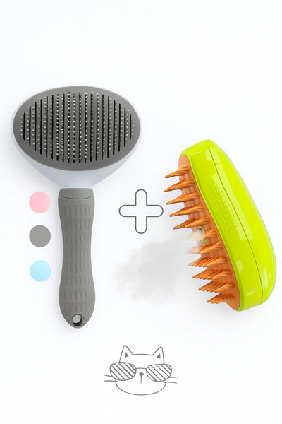 PapyonPet Kedi Köpek Otomatik Temizlenen Tuşlu Basmalı Telli Tarak + Buharlı Tüy Toplama Tarağı 2'li Set