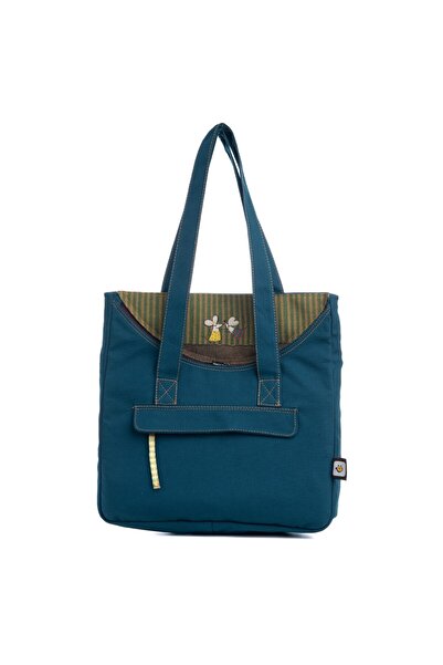 pisikopat Petrol Mavisi Fare Desenli Canvas Kumaş Omuz Çantası