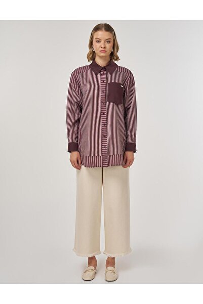 Kayra Stripe Pattern Viscose Tunic Dark Burgundy