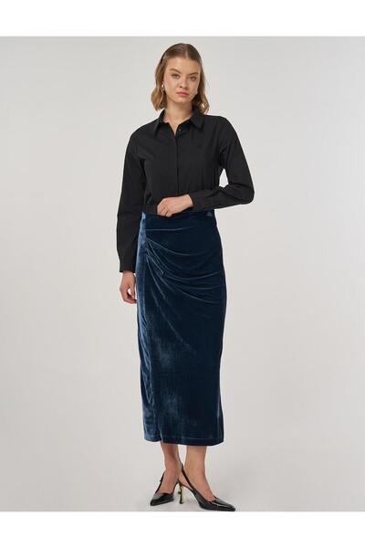 Kayra Drapeli Velvet Skirt Petrol