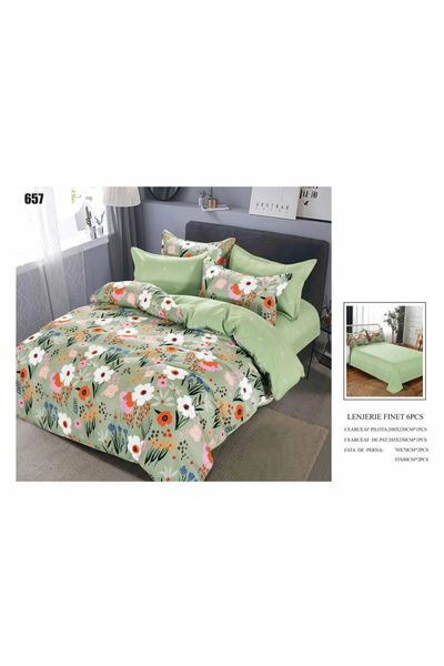 FIONNA.RO Lenjerii De Pat Din Finet 6 Piese - Verde Floral