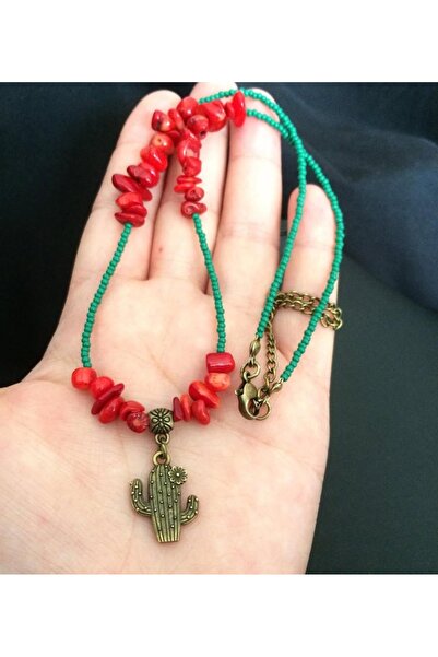 Birtakı'm Şeyler Authentic Coral Stone Cactus Detailed Necklace