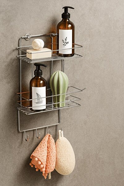 Sas Haus 2-Tier Chrome Hook Bathroom Shower Shelf, Shampoo Holder, with Washcloth/Bag Hanger, Rustproof Metal, Bathroom Organizer