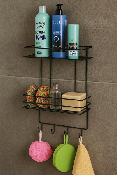 Sas Haus 2-Tier Black Hooked Bathroom Shower Shelf, Shampoo Holder, with Washcloth/Bag Hanger, Rustproof Metal Bathroom Organizer