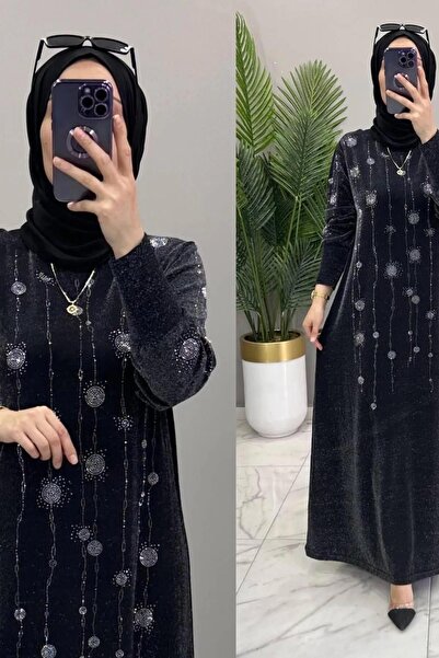 Hürrem MERAL SİMLİ ABİYE 1. Sınıf Zera Kumaş Kadın Siyah Simli Ve Pullu Desen...