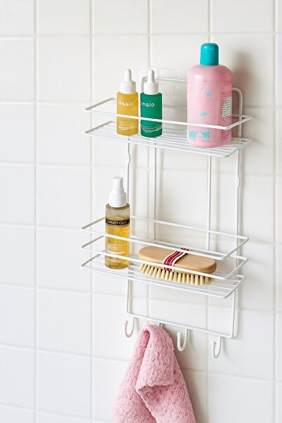 Sas Haus 2-Tier White Hooked Bathroom Shower Shelf, Shampoo Holder, with Washcloth/Bag Hanger, Stainless Metal, Bathroom Organizer