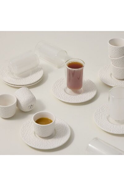 Dallaty طقم فناجين شاي وقهوة من البورسلين الأبيض والزجاج 18 قطعة