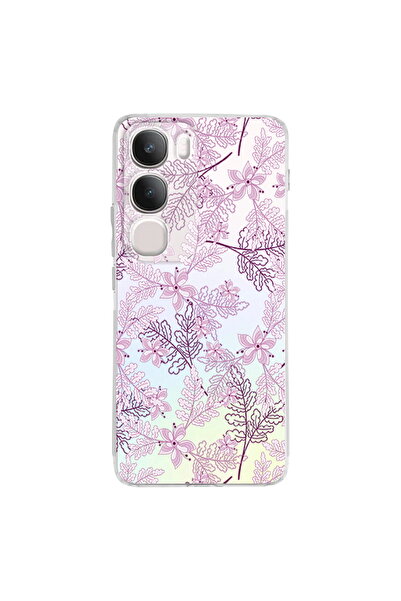 PrintiFy Vivo Y19s İle Uyumlu Floral Pudra Baskılı Kamera Korumalı Şeffaf Kılıf