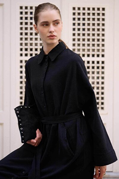 Hooopstore Linen Textured Black Shirt Dress