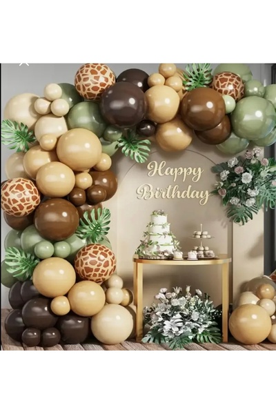 Mora süslemeleri Zürafa Desenli Balonlu Safari Konsept Balon Zincir Seti 100 Lü