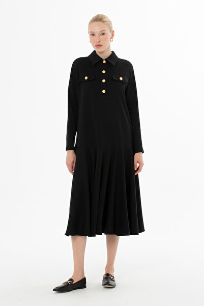 kı.we Önden Düğmeli Yakalı Uzun Elbise